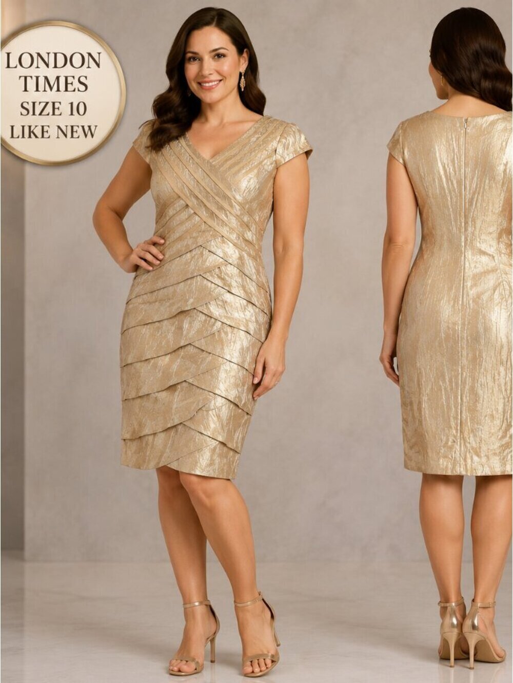 New Without Tags | London Times | Sz 10 | Gold Tiered Cocktail Dress